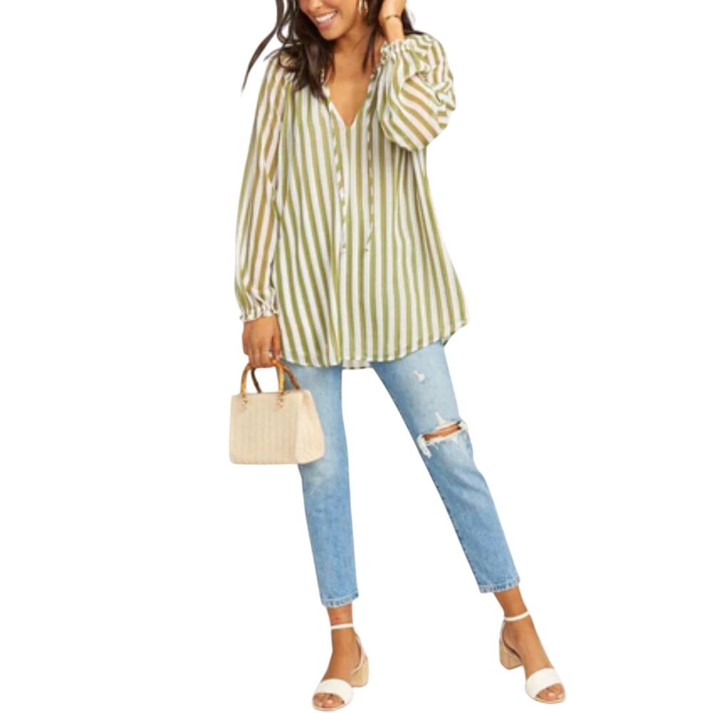 Show Me Your Mumu Womens XS Charlene Tunic Top Oversized Green/White Blouse
